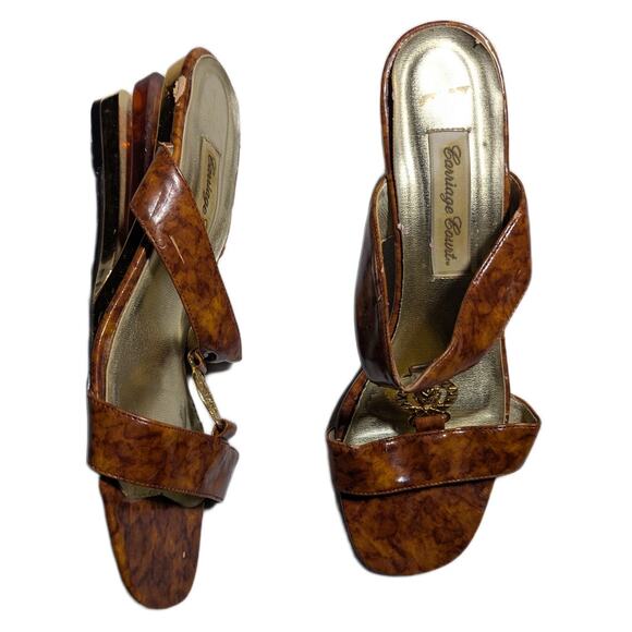 Vtg 1980s Carriage Court Brown Faux Patent Tortoiseshell Wedge Sandals Sz 7 - Picture 1 of 7